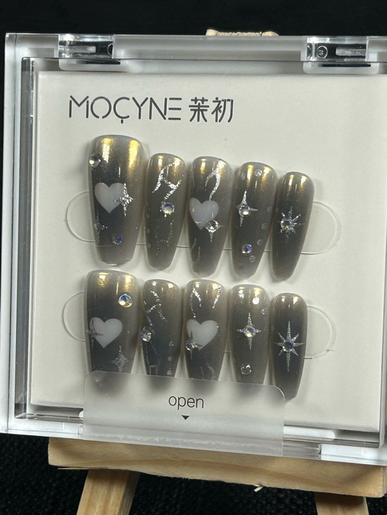 mocyne Other - Grey Chrome Press On Nails Heart Star Nails Long Coffin Y2K Goth Aesthetic Nails